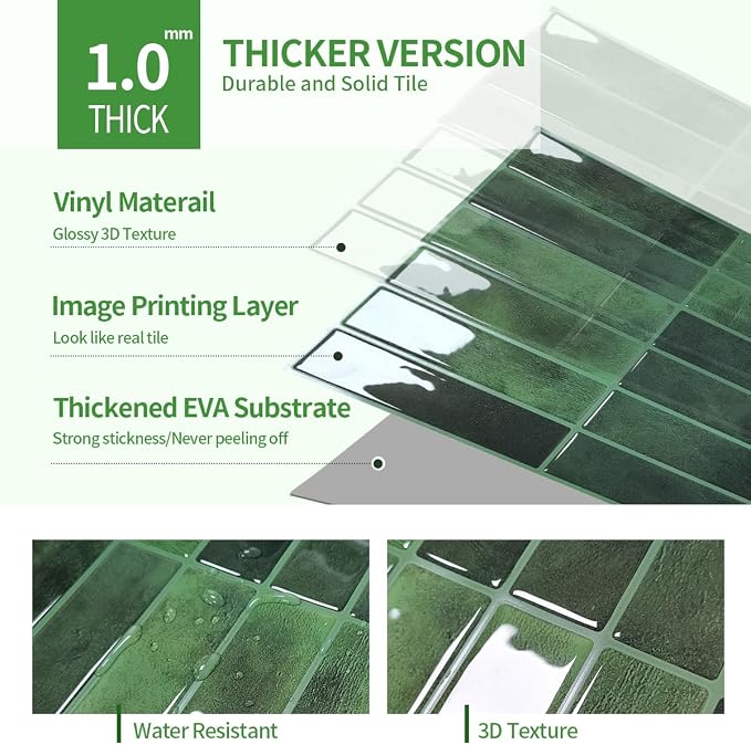 Peel and Stick Backsplash 3D Wall Tiles,Self-Adhesive,Oil Proof,Waterproof, Removable Wall Panels for Kitchen & Bathroom,Modern Design, Easy Install (10.7ft，12x9 inch,14 Pack) (Green) - Image 7