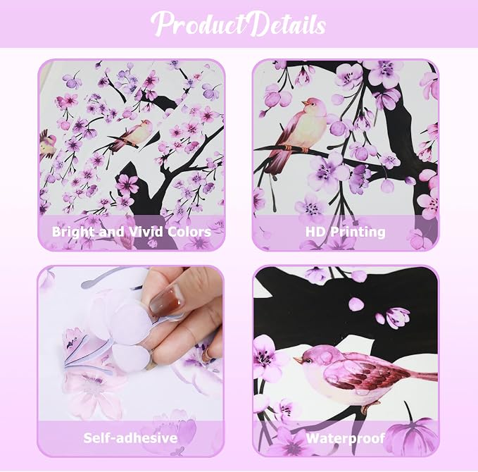 Lilac Purple Wall Decor 4 Sheets Large Cherry Blossom Tree Wall Stickers | Spring Purple Flower Bird Wall Decals Peel and Stick Wall Murals Decor for Living Room Bedroom (Purple, 11.8 * 35.4inch) - Image 6