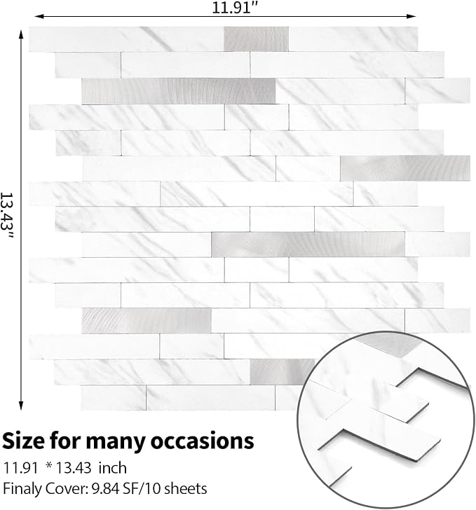 Yipscazo 20 Sheets Peel and Stick Stone Metal Tile Backsplash, Stick on Tiles for Backsplash Kitchen, Bathroom, Laundry Room, Camper, Fireplace (12'' X 12'', White Stone with Metal) - Image 5