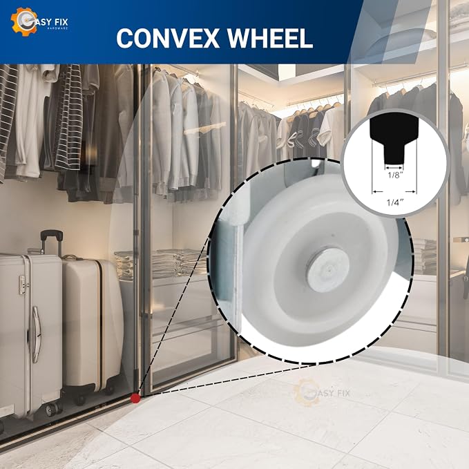 Steel-Framed Mirror Bottom Closet Door Roller Assembly Convex 1-7/16" Wheels | Roller Replacement for Closet Mirror Wardrobe Doors | Nylon Flat Roller Wheels (4 Pack) - Image 6