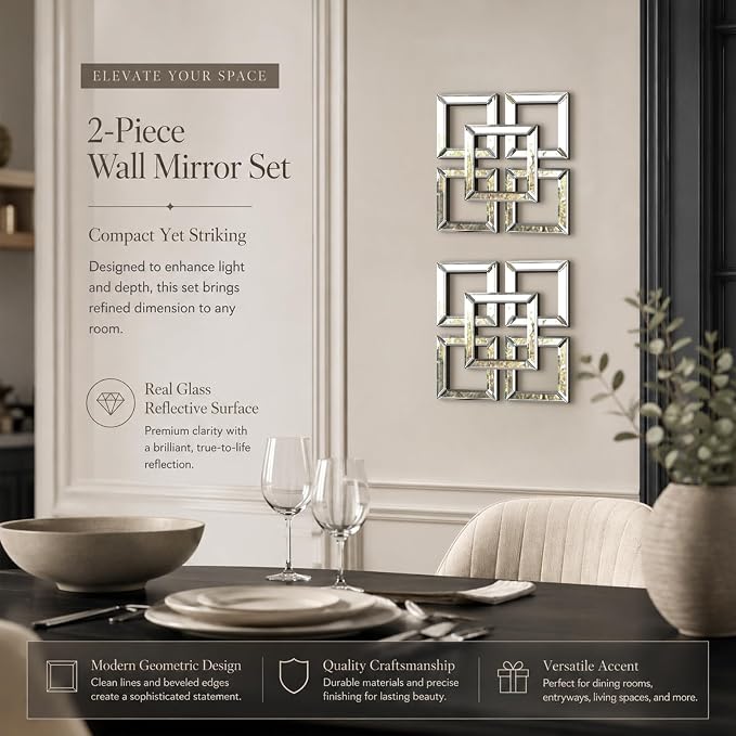 Square Decorative Wall Mirror 12 x 12 Inch, Silver Frameless Mirror Wall Decor with Beveled Edge, Modern Wall Mounted Accent Mirror for Living Room, Bedroom, Hallway, Set of 2 - Image 5