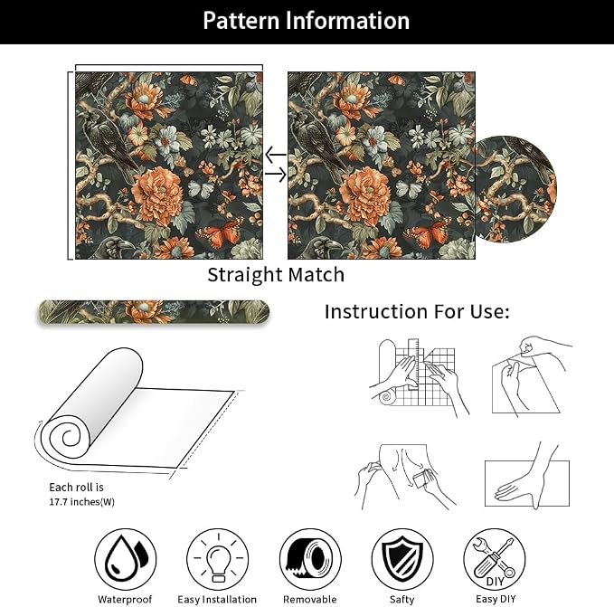18"x236" Gothic Dark Vintage Flower Birds Peel and Stick Self Adhesive Wallpaper Removable Contact Paper Stick on Easy Peel Off Wall Paper for Kitchen Bedroom Bathroom Renter - Image 7