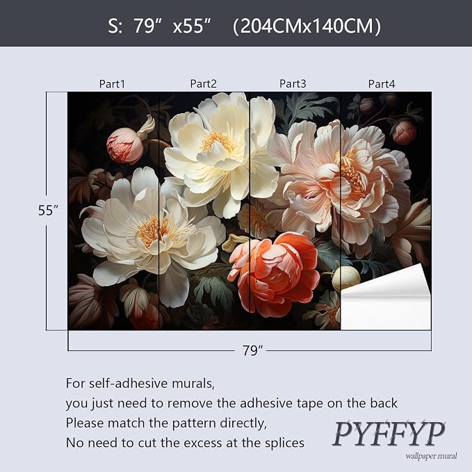PYFFYP-3D Floral Peel and Stick Wallpaper murals with Dark Peony - Image 5