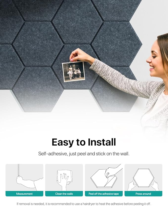 Soundsbay Hexagon Acoustic Panels, Self-Adhesive 18 Pack Sound Panels | 150kg/m³ High-Density Polyester, Covers 15 sq ft Soundproof Wall Panels for Walls, Office, Ceiling 12" X 10" Dark Gray - Image 8