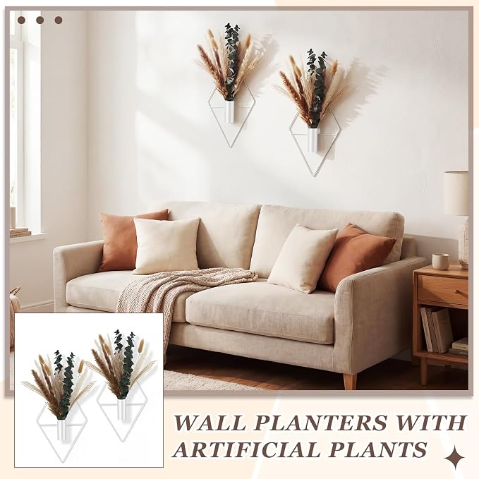 Jexine 8 Pcs Hanging Artificial Planters Wall Decor, White, Pampas | Bathroom Wall Decor, Geometric Metal Vase, Indoor Plants, Living Room, Home Office, Entryway, Boho Accent, Wall Mounted - Image 7