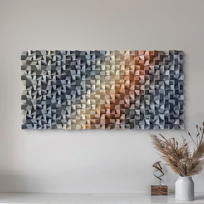 LIUZEYUE Statement-Size Modern Mosaic Wall Art, Sculptural Wood Grain | pine block wall sculpture; dark blue and warm bronze, shadow-casting facets; living room wide sofa backdrop; 35.4 x 70.9 in - Image 7