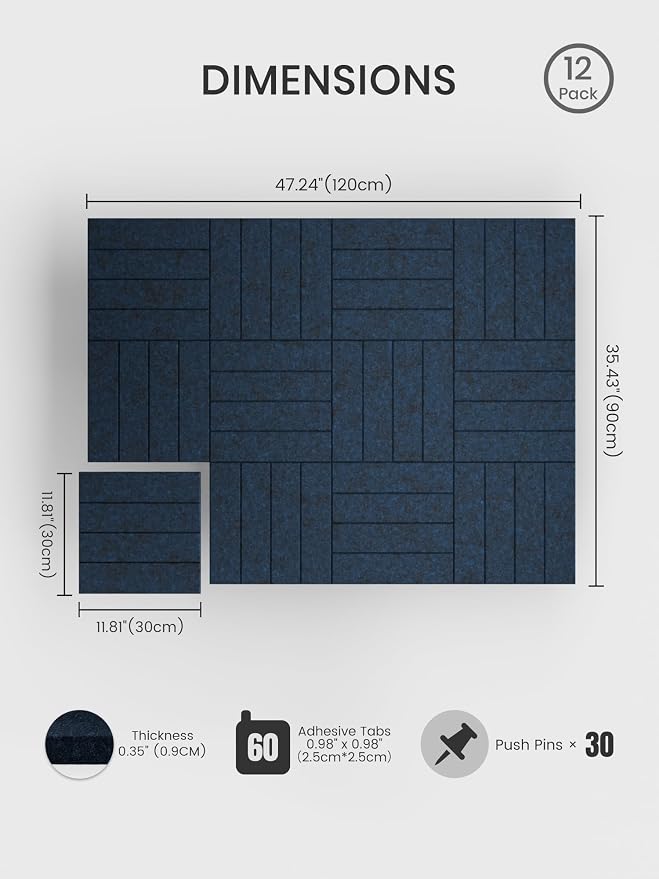 Bumusty 48"x 36" Large Felt Bulletin Board Tiles, Carbon Blue | 12-Pack Cork Board Alternative, Wall Decor, 30 Pushpins, 60 Adhesive Tabs, Vision Board, Office, Classroom, Home, Dorm - Image 2