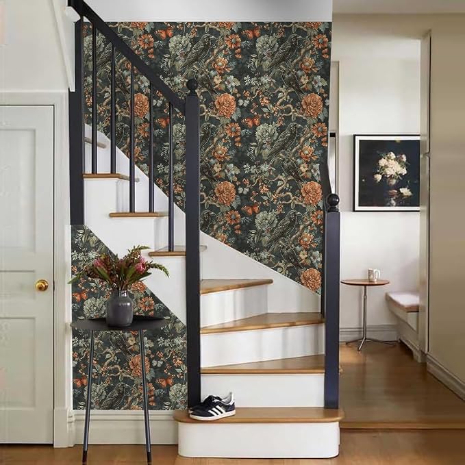 18"x236" Gothic Dark Vintage Flower Birds Peel and Stick Self Adhesive Wallpaper Removable Contact Paper Stick on Easy Peel Off Wall Paper for Kitchen Bedroom Bathroom Renter - Image 7