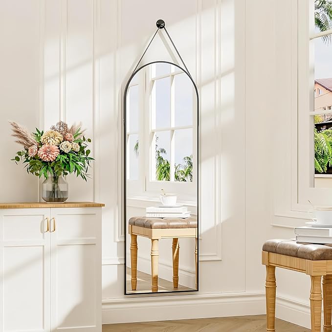 Dewfig 48"x16" Arched Full Length Mirror, Wall Mirror, Leather Strap, Black by YourSpacePerfectlyReflected