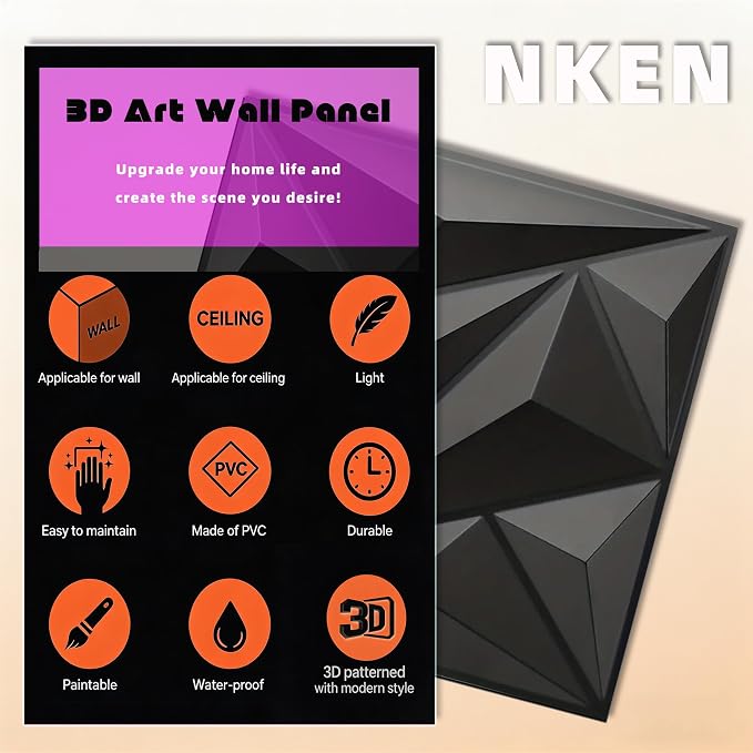3D Wall Panels 33 Pack, 12×12 Inch Black Diamond Textured PVC Wall Panels, 32 Sq.Ft Coverage, Modern 3D Decorative Wall Tiles, Interior Accent Wall Panels for Living Room, Bedroom,Office, Hotel - Image 6