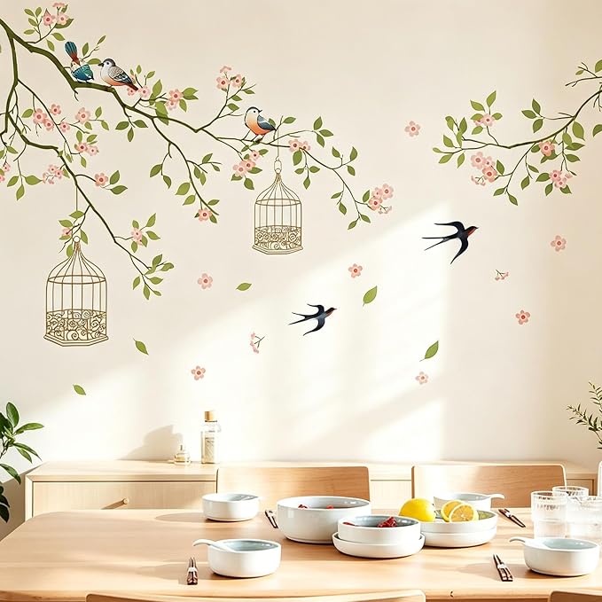Arawat 2 Set Cherry Blossom Peel and Stick Wall Decals - Flower Bird Tree Stickers, Large Floral Murals for Living Room, Bedroom, Bathroom - Roommates Vinyl Art by ARAWAT