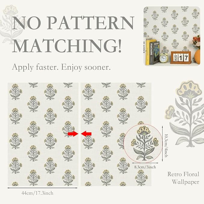 Heroad Vintage Floral Wallpaper Cottage Peel and Stick Wallpaper Retro Flower Contact Paper for Cabinets Drawers Removable Self-Adhesive Wall Paper for Bedroom Stick on Walls Decor Vinyl 17.3''x78.7'' - Image 2