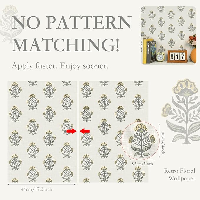Heroad Vintage Floral Wallpaper Peel and Stick Wallpaper 17.3''x196'' Retro Flower Contact Paper for Cabinets Drawers Cottage Removable Wall Paper for Bedroom Stick on Walls Self-Adhesive Decor Vinyl - Image 2