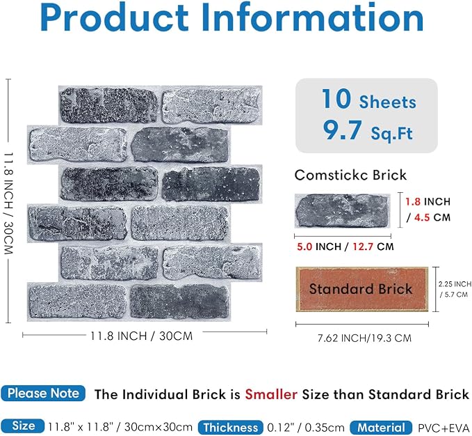 COMSTICKC 3D Peel and Stick Faux Brick Wall Panels for Quick DIY Wall Decor | Vintage Gray, 10 Pcs 11.8" x 11.8", Not Real Brick, Small Size Brick, Lightweight Thin PVC Wall Sticker, Cover 9.7 sq ft - Image 4