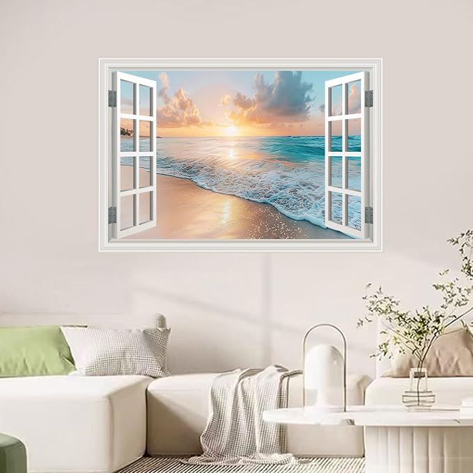 Fake Window Wall Mural Sunset Beach Scene Art Poster Faux Window Wall Sticker for Office Home Room Decor, Peel and Stick Wall Decals 48" x 32" Set of 2 Sheets - Image 5
