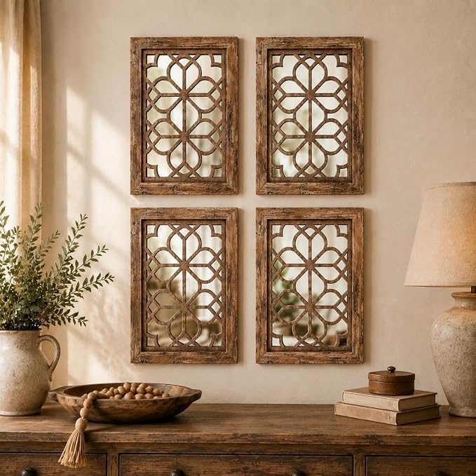 Set of 4 11x15 Inch Rectangular Shatterproof Maroon Decorative Wall Mirrors, Boho Farmhouse Rustic Vintage Accent Mirrors for Living Room Bedroom Entryway & Home Decor by HMANGE