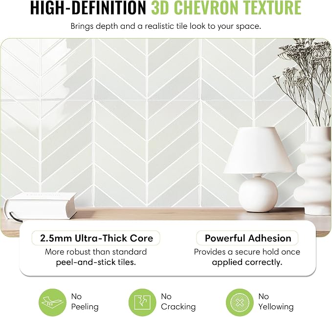 Select 5 Pack Peel and Stick Backsplash Chevron Tiles, 12x12 in, Green | Extra Thick 3D Wall Panels, Heat & Water Resistant, Easy DIY Kitchen, Bathroom, Laundry, Fireplace & Rental Home Wall Décor - Image 2