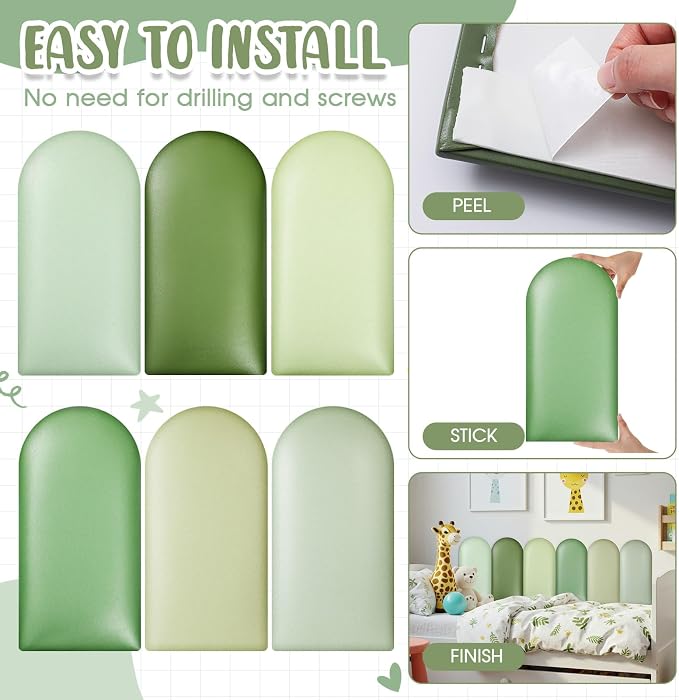 Jetec 6 Pcs Kids Wall Padding Panels, 1.18 Inch Thick Foam Wall Protector, 15.75 x 7.87 Inch Soft 3D Sage Green Safety Panels for Nursery & Playroom - Image 4