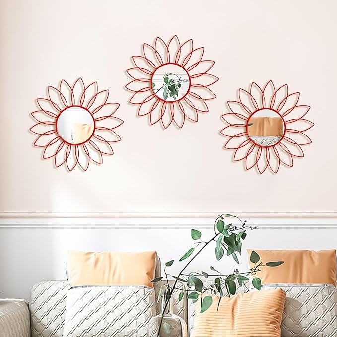 3 Pack Metal Mirrors for Wall Sunburst Wall Mirrors Home Décor Decorative Hanging Wall Art for Living Room Bedroom Entryway (Red, Flowers) - Image 5