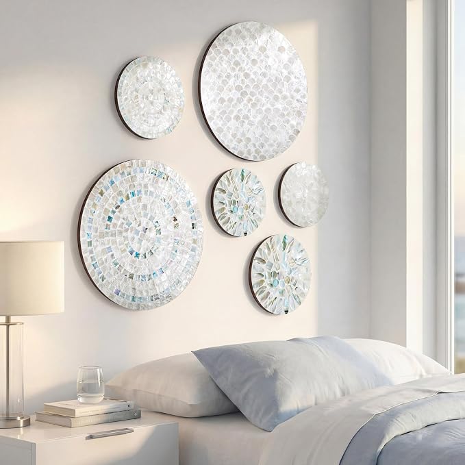 Novabright 6 Pcs Shell Wall Decor 11.8 Inches Natural Mother of Pearl Shell Plate Coastal Wall Art Mosaic Sculpture Handmade Hanging Plates Arts for Bedroom Bathroom Home Office Hotel - Image 7