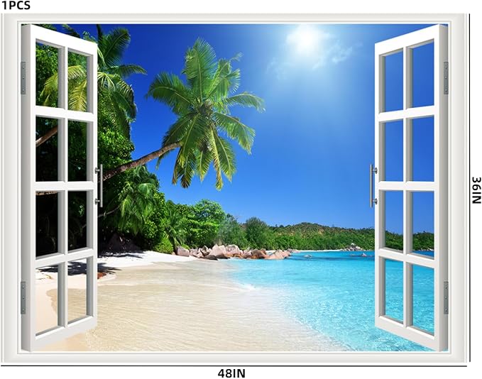 Self-Adhesive Wall Sticker Romantic Living Room Bedroom Study Office Decorative Wall Sticker Ocean Scenery Fake Window Sticker Mural (36"×48", Palm Beach) - Image 6