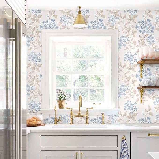 Heroad Boho Floral Wallpaper Blue/Beige Peel and Stick Wallpaper Neutral Leaf Contact Paper Removable Self Adhesive Wall Paper for Cabinet Bedroom Bathroom Waterproof Decor Vinyl Roll 17.3''x78.7'' - Image 9