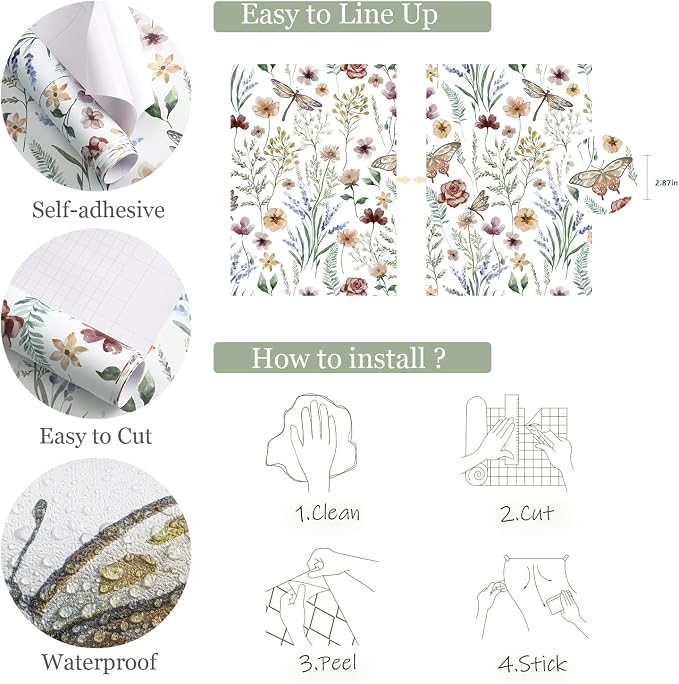 Orainege Vintage Floral Wallpaper Peel and Stick Wallpaper Self Adhesive | 16.9in x 196.8in Butterfly Wallpapers for Bedroom Bathroom Cabinets Decor Removable Vinyl Roll - Image 5