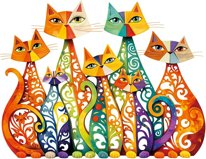Wesiti Cat Wall Art Metal Sculpture 13.78x10.71 Colorful Mid Century | Iron Decor for Cat Lover, Retro Geometric Design, Home Living Room Bedroom Kitchen Office Sculpture, Ethereal Style by Unteilti