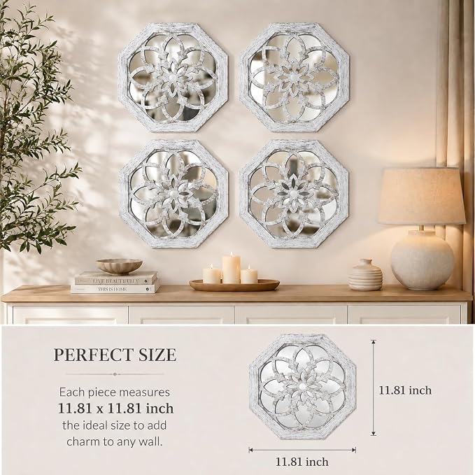4 Pack 12 Inch Octagon Grey Rustic Wood Frame Acrylic Wall Mirrors, Farmhouse Boho Wall Art Decor for Living Room, Bedroom, Hallway, Entryway, Bathroom & Office - Image 6