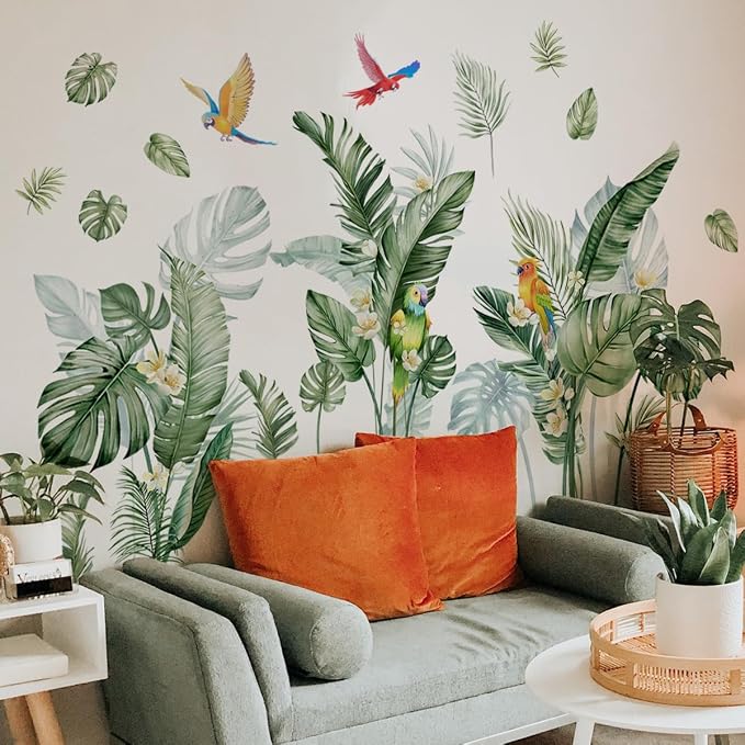 Jungle Wall Decals Peel and Stick, Large Tropical Palm Leaves & Parrot Wall Stickers, Removable Watercolor Forest Mural for Living Room, Bedroom, Nursery (Green-b) - Image 3