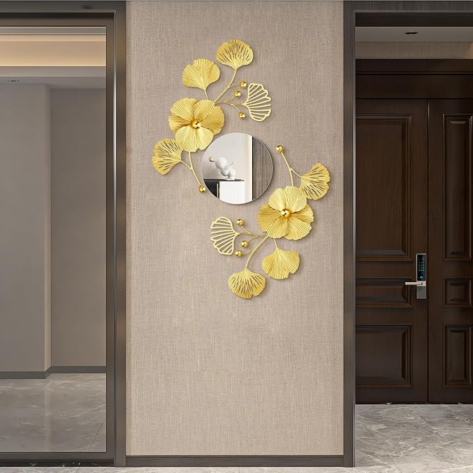 Tandefio 3 Pcs Metal Decorative Wall Mirrors for Living Room Metal Ginkgo Leaf Mirror Modern Creative Wall Decor Art Hanging Decor Mirror for Entrance Bedroom Living Room(Gold,16.inches) by Tandefio