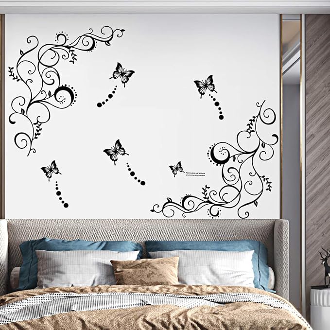 Hot Fashion Removable Vinyl DIY Black Nursery Flowers Vine and Beautiful Butterfly Wall Corner Decals Wall Sticker Murals Home Art Decor for Girls Kids Bedroom Living Room Home Decorations - Image 4