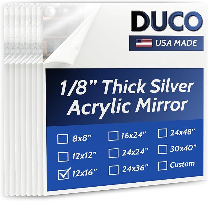 Duco USA-Made Acrylic Mirror Sheet 1/8 Inch Thick 12" x 16" (with Adhesives) - Pack of 8 Silver Frameless Plastic Mirror for Walls, Home Gyms, Bathrooms, & More - Shatter-Proof Mirrored Plexiglass by DucoPlasticsSupply