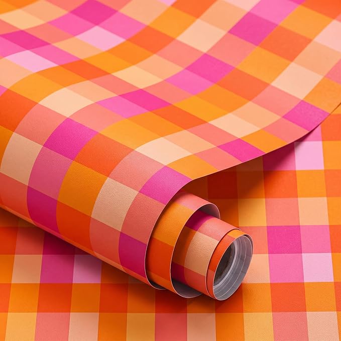 Drydiet Pink and Orange Plaid Wallpaper Peel and Stick 15.8 x 118.1 | Self Adhesive, Checkered Design, Easy Apply Remove, for Home Locker Dorm Classroom Living Room Decor by Drydiet