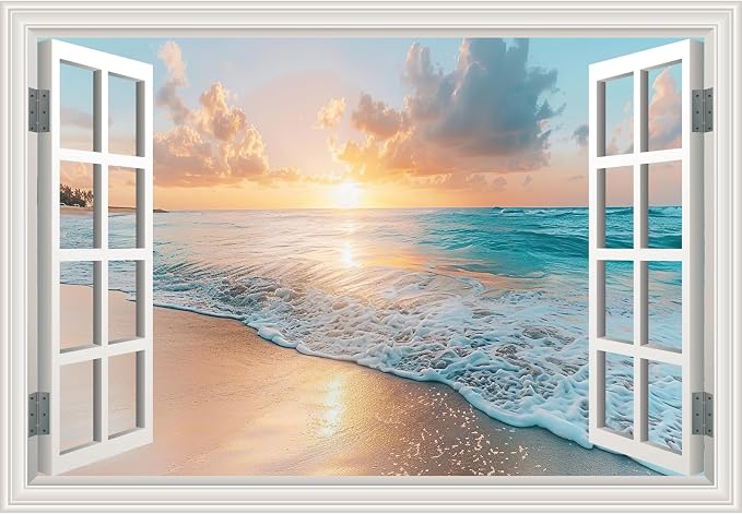 Fake Window Wall Mural Sunset Beach Scene, 24" x 16" | Faux Window Wall Sticker, Peel and Stick, For Office Home Room Decor, Art Poster by Unknown