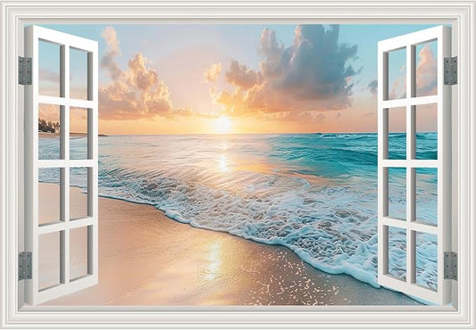 Fake Window Wall Mural Sunset Beach Scene, 24" x 16" | Faux Window Wall Sticker, Peel and Stick, For Office Home Room Decor, Art Poster by Unknown