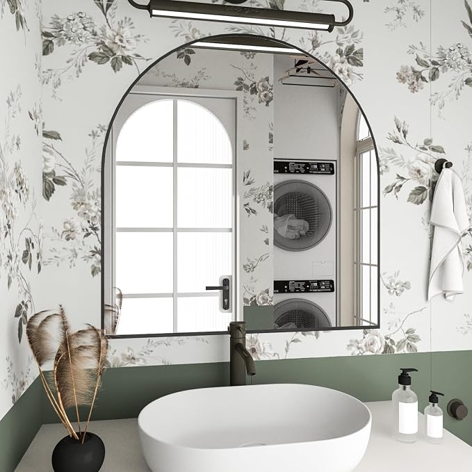 Wall Mounted Mirror, Arched Wall Mirror for Bathroom, 33.5"x29.5" Arch Bathroom Mirror with Metal Frame, Black Vanity Mirror Decor for Mantle, Bedroom, Entryway - Image 2