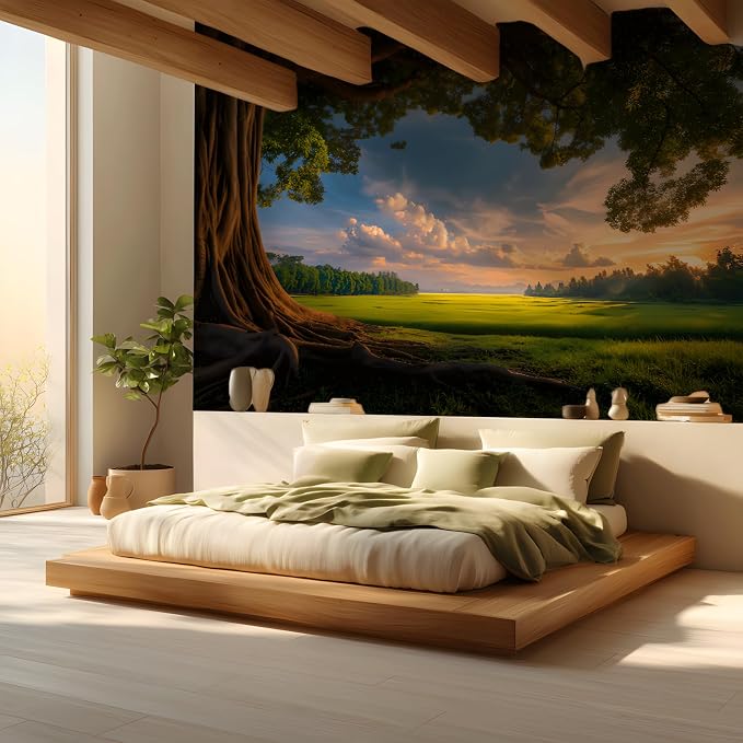ASJ Forest Peel and Stick Wallpaper Mural, Ancient Tree Sunlit Landscape | Sunlit forest tree meadow scene, seamless match, easy DIY, premium fabric, removable, 157x98 in, bedroom living room decor - Image 5