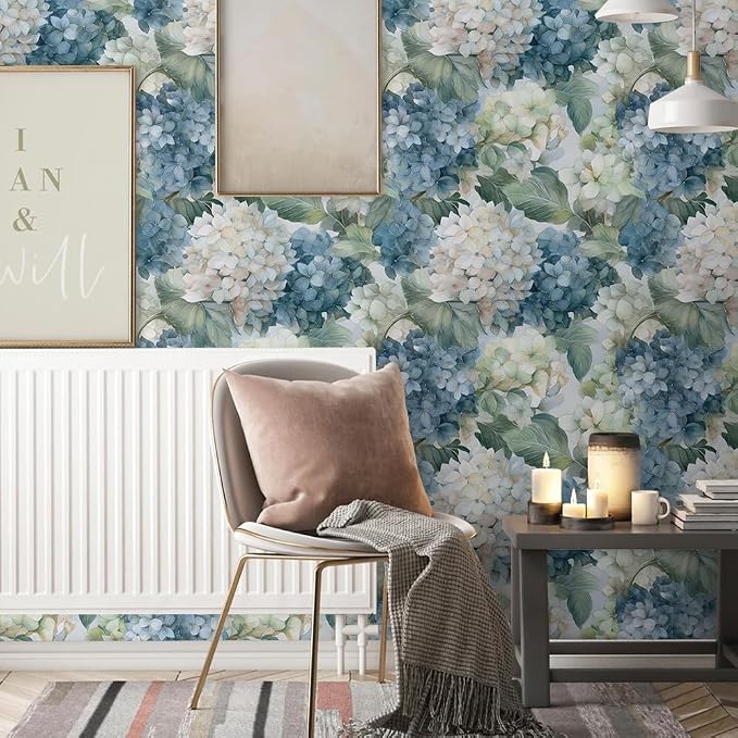 Vintage Watercolor Blue/White/Green Hydrangea Floral Peel and Stick Wallpaper Wall Decor Self Adhesive Wall Paper Stick on Easy Peel Off Contact for Renter Apartment - Image 3