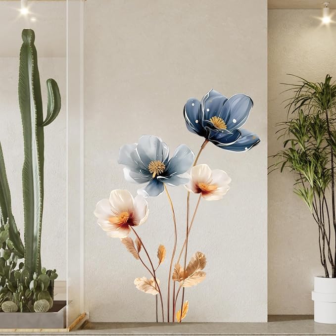 Gold Leaf Blue Flower Wall Decal PVC Wall Sticker Vintage Watercolor Floral Wall Art for Living Room Bedroom Home Decor - Image 4