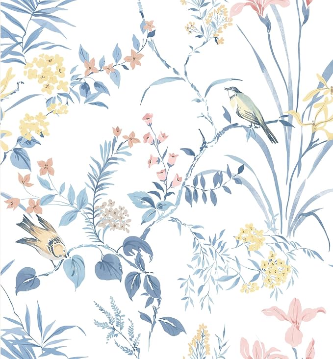 Erfoni Boho Floral Peel and Stick Wallpaper Blue Floral Birds Contact Paper | 16.9" x118" DIY Self Adhesive Removable Wallpaper for Livingroom Cabinet Decor Modern Flower Leaf Wallpaper Vinyl Roll by Erfoni