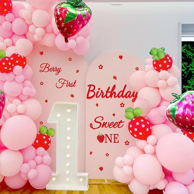 LHIUEM Berry First Birthday Sweet One Decals Baby Girl Sweet Stickers Gift 1st Strawberry Theme Decorations Red Berry Strawberry One First Happy Birthday Party Supplies for Balloon Arch Photo Backdrop - Image 3