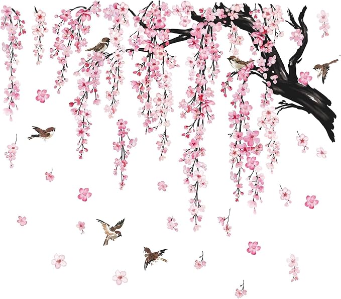 Large Pink Flower Wall Stickers, 47"x71" Removable DIY Romantic Cherry Blossom Tree Wall Murals Peel and Stick 3D Wall Art Stickers Home Decor for Gilrs Bedroom Nursery Rooms Living Room by BWCXXZH