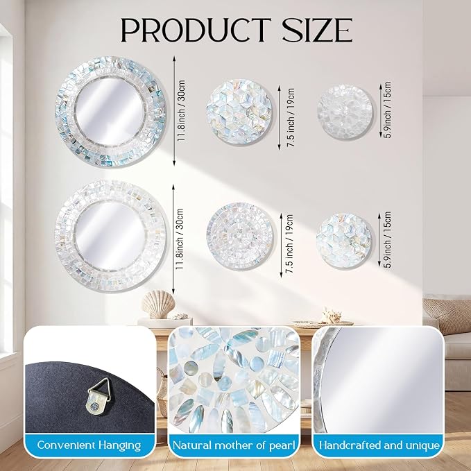 Novabright 6 Pcs Mirror Wall Decor 11.8 Inches Natural Mother of Pearl Shell Plate Coastal Wall Art Mosaic Sculpture Handmade Hanging Plates Arts for Bedroom Bathroom Home Office Hotel - Image 3
