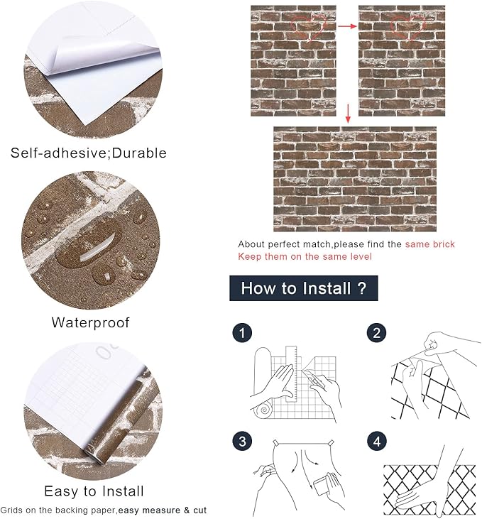 Timeet 3D Vintage Brown Brick Wallpaper 17.7"×472" Brick Peel and Stick Wallpaper Brick Wallpaper Brick Self Adhesive FilmFaux Textured Wallpaper Stone Look Wall Paper Home Decor Vinyl - Image 4