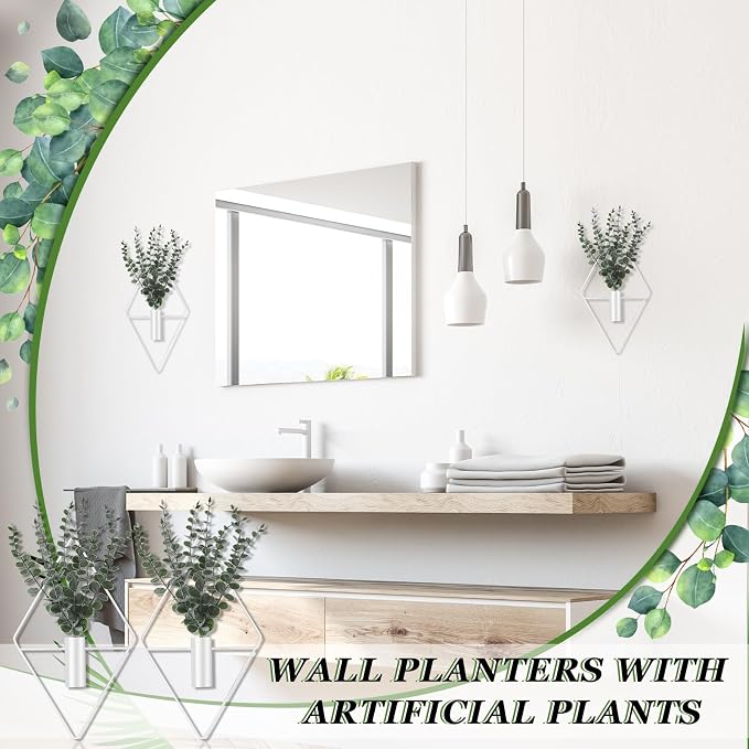 Jexine 4 Pcs Hanging Planters with Artificial Eucalyptus, Metal Wall Vase | Bathroom Wall Decor, Geometric Metal Vase, Indoor Plants, Living Room, Home Office, Entryway, Boho Accent, Wall Mounted - Image 6