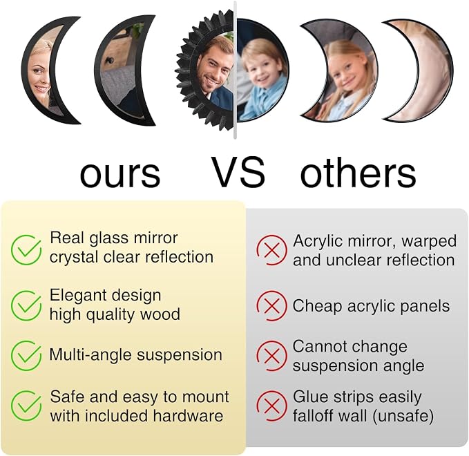 WAKOSAN Moon Phase Wall Mirror Set, 5PCS Wooden and Real Glass Mirrors - Image 5
