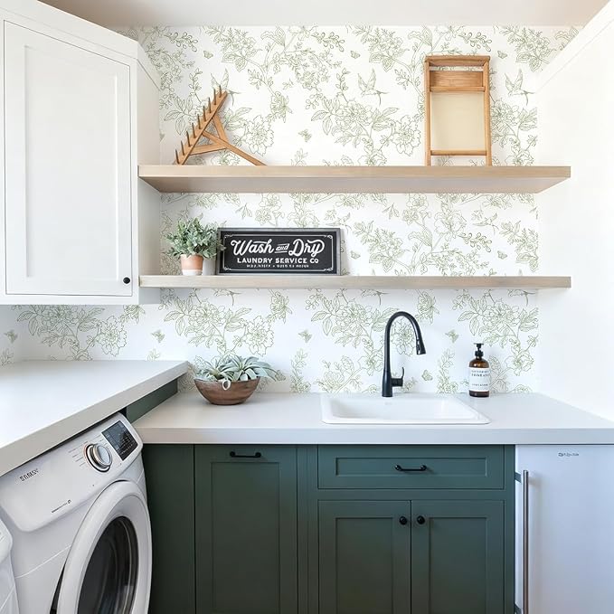 Froluya Green and White Peel and Stick Floral Wallpaper 17.7in×118.1in | Boho Floral Self Adhesive Wallpaper Vintage Flower Bird Removable Contact Paper for Bathroom Shelf Liner Cabinets Vinyl - Image 7
