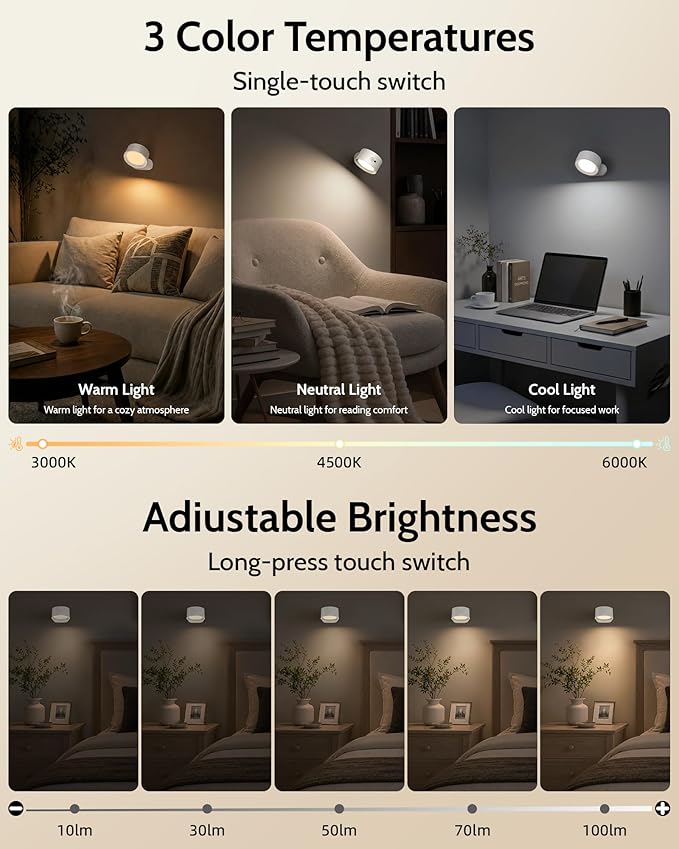LED Wall Mounted Sconces, Rechargeable Wall Lights, White, 3 Pack | Cordless Design, 3 Color Temperatures, Dimmable, Remote & Touch Control, 360° Rotation, Bedroom & Living Room - Image 6