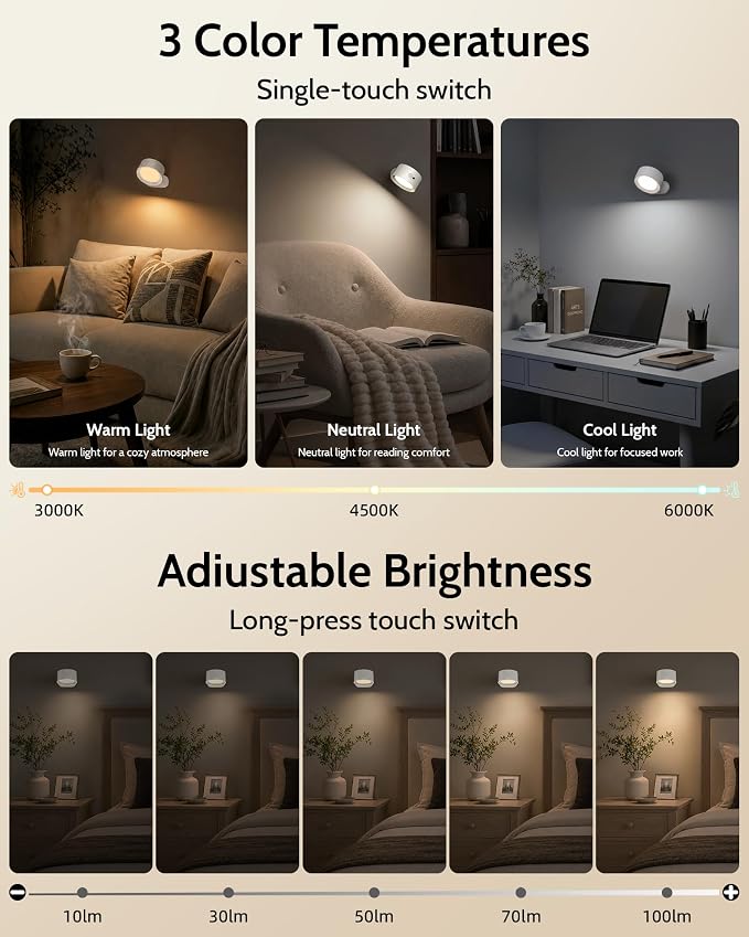LED Wall Mounted Lights, Rechargeable Wall Sconces, 3 Color Temps, Remote & Touch, 360° Rotating and Dimmable for Bedroom, Bedside & Reading (White, 2 Pack) - Image 7
